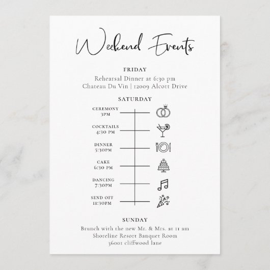 Welkomsttijdlijn voor bruiloft programmakaart (Achterkant)