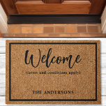 Welkomstvoorwaarden zijn van toepassing op Funny D Deurmat<br><div class="desc">De deurmat "Welcome (algemene voorwaarden van toepassing)" voegt een humoristische draai toe aan de standaardbegroeting, perfect geschikt voor degenen die een beetje geestigheid voor hun deur waarderen. Met deze aanpasbare deurmat kunt u het echt persoonlijk maken door uw eigen familienaam of een grappige clausule toe te voegen. Het is een...</div>