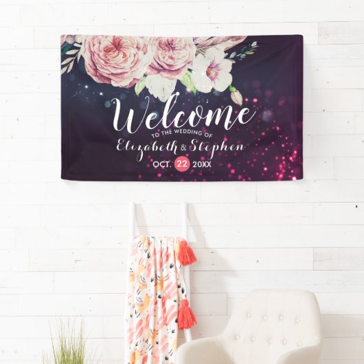 Welkomstwoord Boho Floral Feather Paarse Lights Spandoek (Insitu)