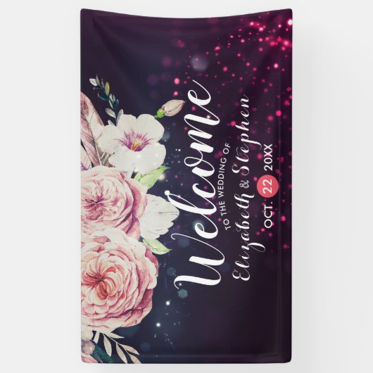 Welkomstwoord Boho Floral Feather Paarse Lights Spandoek (Verticaal)