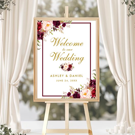 Welkomstwoord Burgundy Gold Waterverf Floral Poster