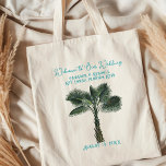 Welkomstwoord Canvas tas met ingesloten palm Trees<br><div class="desc">De gestroomlijnde palmbomen bruiloft verwelkomen canvas tas met personalisatie. Curved text aan de bovenkant: "Welkom bij onze bruiloft" met een locatie in het midden die meer dan twee verweven palmbomen bevat. Onderaan voeg je namen toe van de bruid en bruidegom met datum van huwelijksfeest. Gebruik in hotelkamers om reizende gasten...</div>