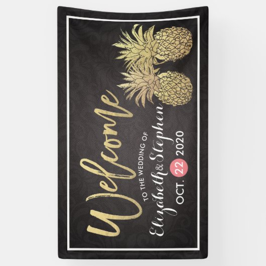 Welkomstwoord voor bruiloft Modern Black Gold Pine Spandoek (Verticaal)