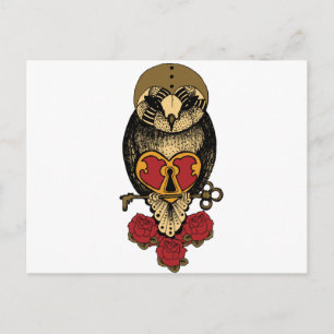 Wellcoda Old School Owl Rock Locked Heart Briefkaart