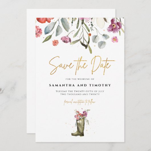 Wellington Boot Floral slaat de datum op Save The Date (Voorkant / Achterkant)