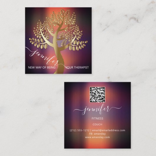 Wellness SPA QR Gold Tree of Live Couch Therapist Vierkante Visitekaartje (Voorkant / Achterkant)