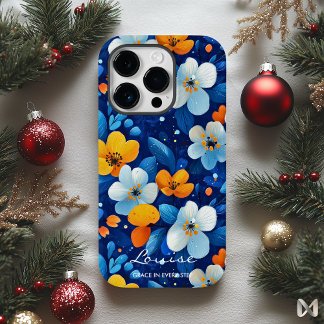 Wellness Vibrant Floral Elegance Blauw & Oranje Case-Mate iPhone 14 Pro Hoesje