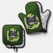 Welp in het groen ovenwant & pannenlap set (Voorkant / Achterkant)