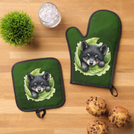 Welp in het groen ovenwant & pannenlap set