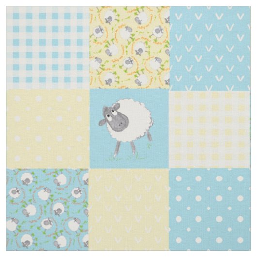 Wels faux patchwork blauw geel geruit stof (Swatch)