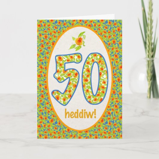 Welsh 50th Birthday Kaart, Oranje Pot Marigolds Kaart (Voorkant)