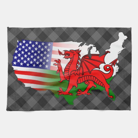 Welsh American Flags Map Tea Towel Theedoek (Horizontaal)