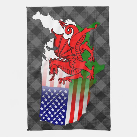 Welsh American Flags Map Tea Towel Theedoek (Verticaal)