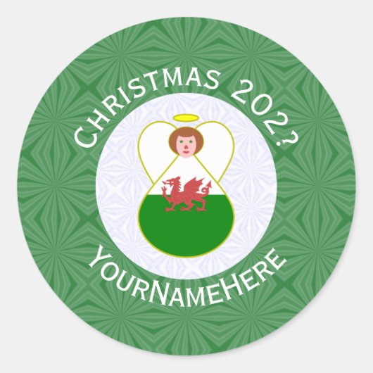 Welsh Angel Kerstvlag gepersonaliseerd Ronde Sticker (Voorkant)