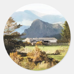 WELSH BOERDERIJ EN MOUNTAIN LANDSCHAP RONDE STICKER