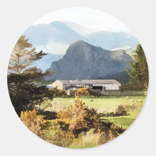 WELSH BOERDERIJ EN MOUNTAIN LANDSCHAP RONDE STICKER (Voorkant)