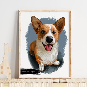 Welsh Cardigan Corgi Dog Portret   Wandafdrukken Poster