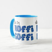 Welsh Coffee Mok: Hoffi Coffi, donkerblauwe bloeme Mok (Voorkant links)