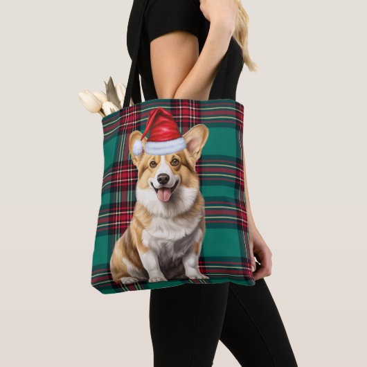 Welsh Corgi Christmas Dog Seasonal Green Plaid Tote Bag (Dichtbij)
