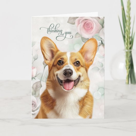 Welsh Corgi Dog and Pink Roses Thinking of You Kaart (Voorkant)