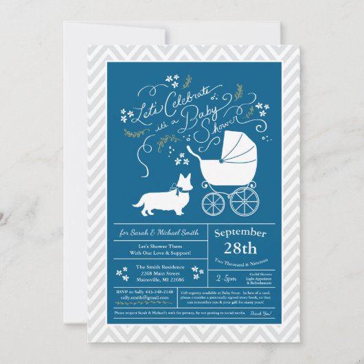 Welsh Corgi Dog Baby shower Blue Boy Kaart (Voorkant)
