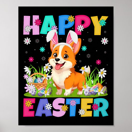 Welsh Corgi Dog Happy Easter Egg Hunt Bunny Ear Ea Poster (Voorkant)