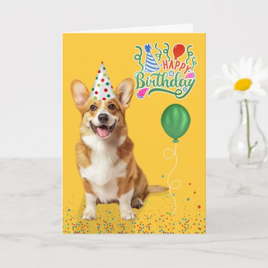 Welsh Corgi Dog in a Party Hat on Yellow Birthday Kaart (Kleine Plant)