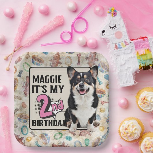 Welsh Corgi Gepersonaliseerde tweede verjaardag Papieren Bordje (Feest)