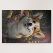 Welsh Corgi in een kleurrijke tuin Legpuzzel (Horizontaal)