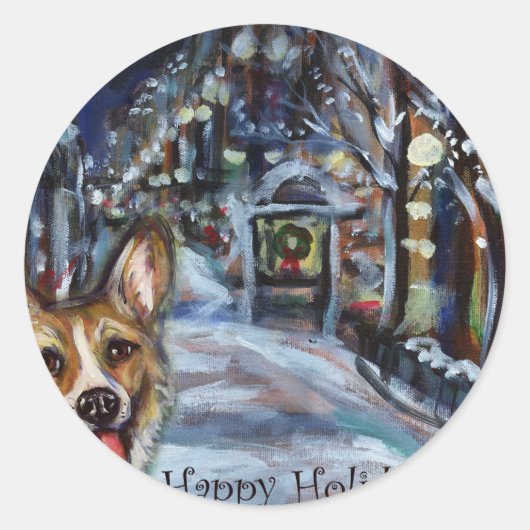 Welsh Corgi Xmas winterse scène Ronde Sticker (Voorkant)