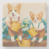 Welsh Corgi's Watering van de Vloertuin Stenen Onderzetter (Voorkant)