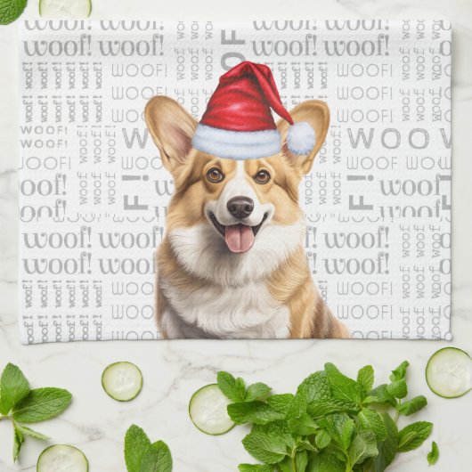 Welsh Corig Dog in Santa Hat Woof Kerstmis Theedoek (Gevouwen)