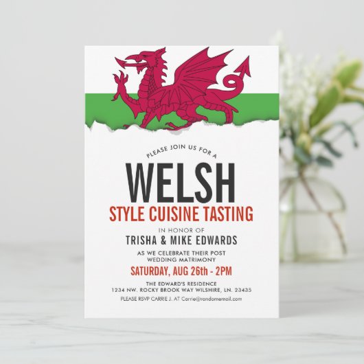 Welsh Cuisine | Uitnodiging voor feest met witte v (Staand voorkant)