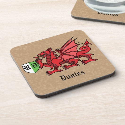 Welsh Dragon Custom Name and Monogram Bier Onderzetter (Linkerzijde)