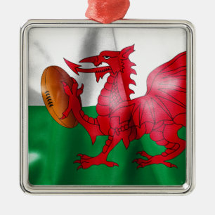 Welsh Dragon Rugby Ball Flag Metalen Ornament