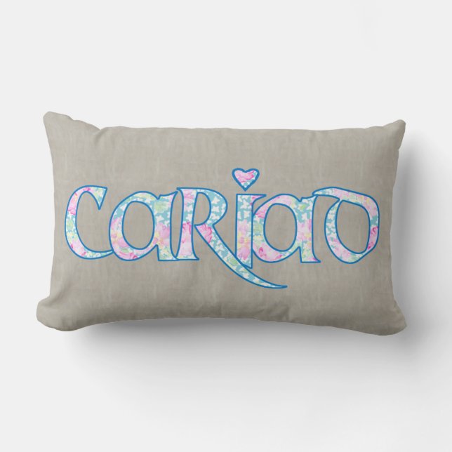 Welsh Floral Text Cariad met Heart Lumbar Pillow Kussen (Voorkant)