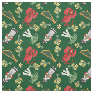 Welsh Girl Dragons Leeks Daffodils Harps on Green Stof