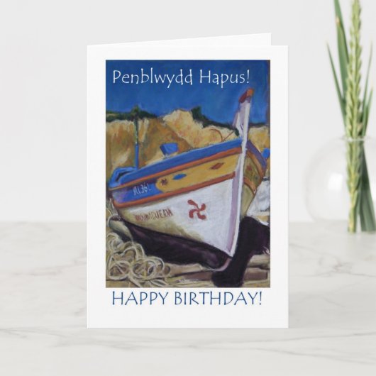 Welsh Greeting Birthday Kaart: Vissende boot Kaart (Voorkant)