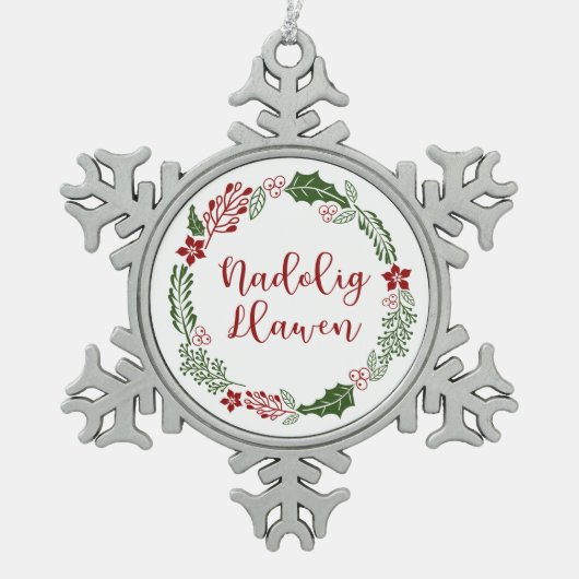 Welsh Merry Kerstmis Wreath, Nadolig Llawen Tin Sneeuwvlok Ornament (Voorkant)