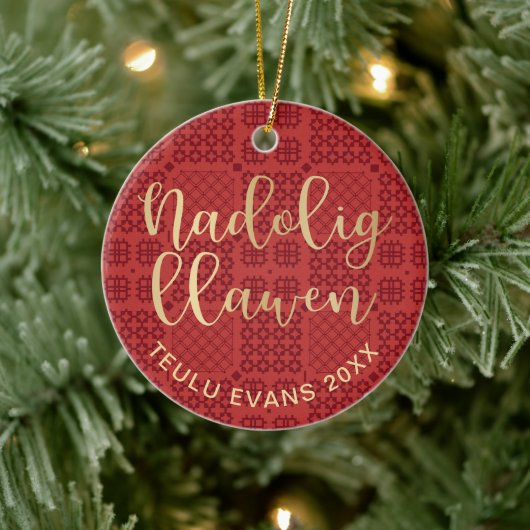 Welsh Tapestry Blanket Pattern, Carthen Nadolig Keramisch Ornament (Boom)