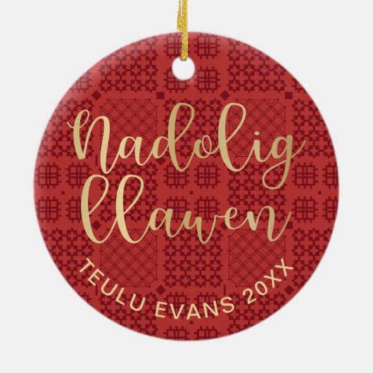 Welsh Tapestry Blanket Pattern, Carthen Nadolig Keramisch Ornament (Achterkant)