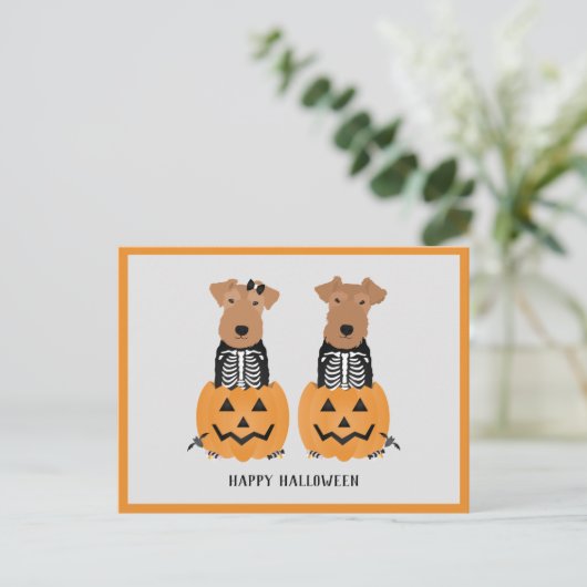 Welsh Terrier Halloween Skeleton Feestdagenkaart (Staand voorkant)