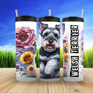 Welsh Terrier in bloemenillustratie Thermosbeker
