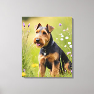 Welsh Terrier in een weide met wilde bloemen Canvas Afdruk