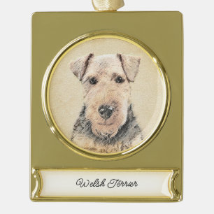 Welsh Terrier Painting - Cute Original Dog Art Gol Verguld Banner Ornament