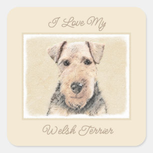 Welsh Terrier Painting - Cute Original Dog Art Squ Vierkante Sticker
