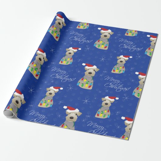Welsh Terrier Paw Drukt blauw kerstfeest af Cadeaupapier (Uitgerold)