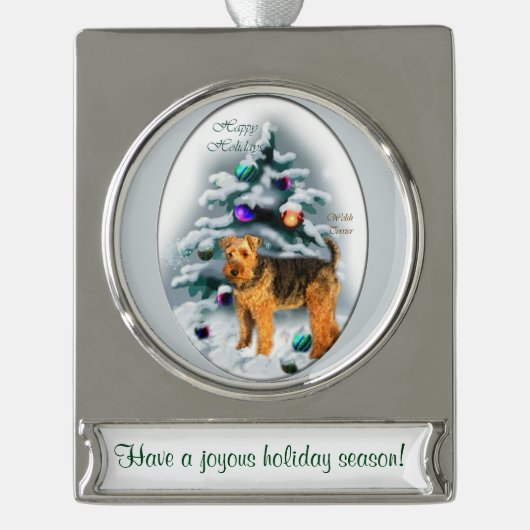 Welsh Terrier Personalized Kerstmis Verzilverd Banner Ornament (Voorkant)