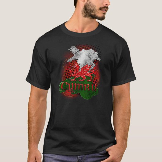 Welsh TShirt Grunge with dragon and Map of Wales (Voorkant)