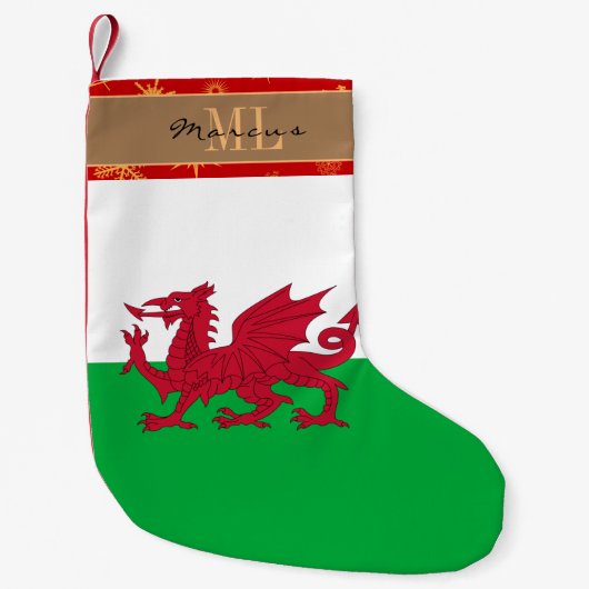 Welsh Vlag kous, Wales, monogram, sneeuwvlok Kleine Kerstsok (Voorkant)
